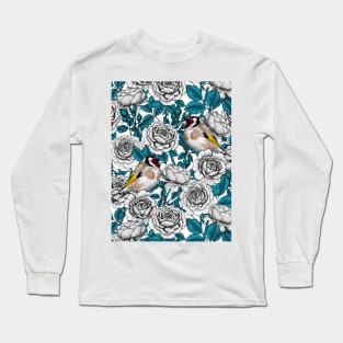 White rose flowers and goldfinch birds Long Sleeve T-Shirt